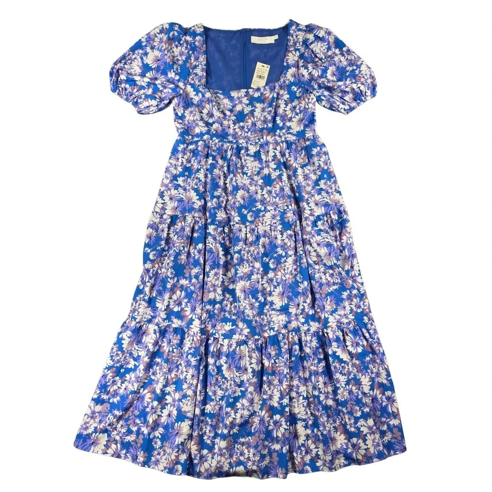 NWT Floral Puff Sleeve Flowy silhouette Midi Colorful Dress Women M ASTR - Picture 2 of 9